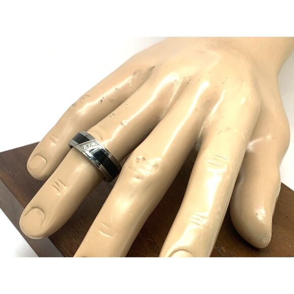 Men's Wedding Band Diamond Black Silver Tungsten Carbide 8mm Ring Size 9.75 - Picture 14 of 14